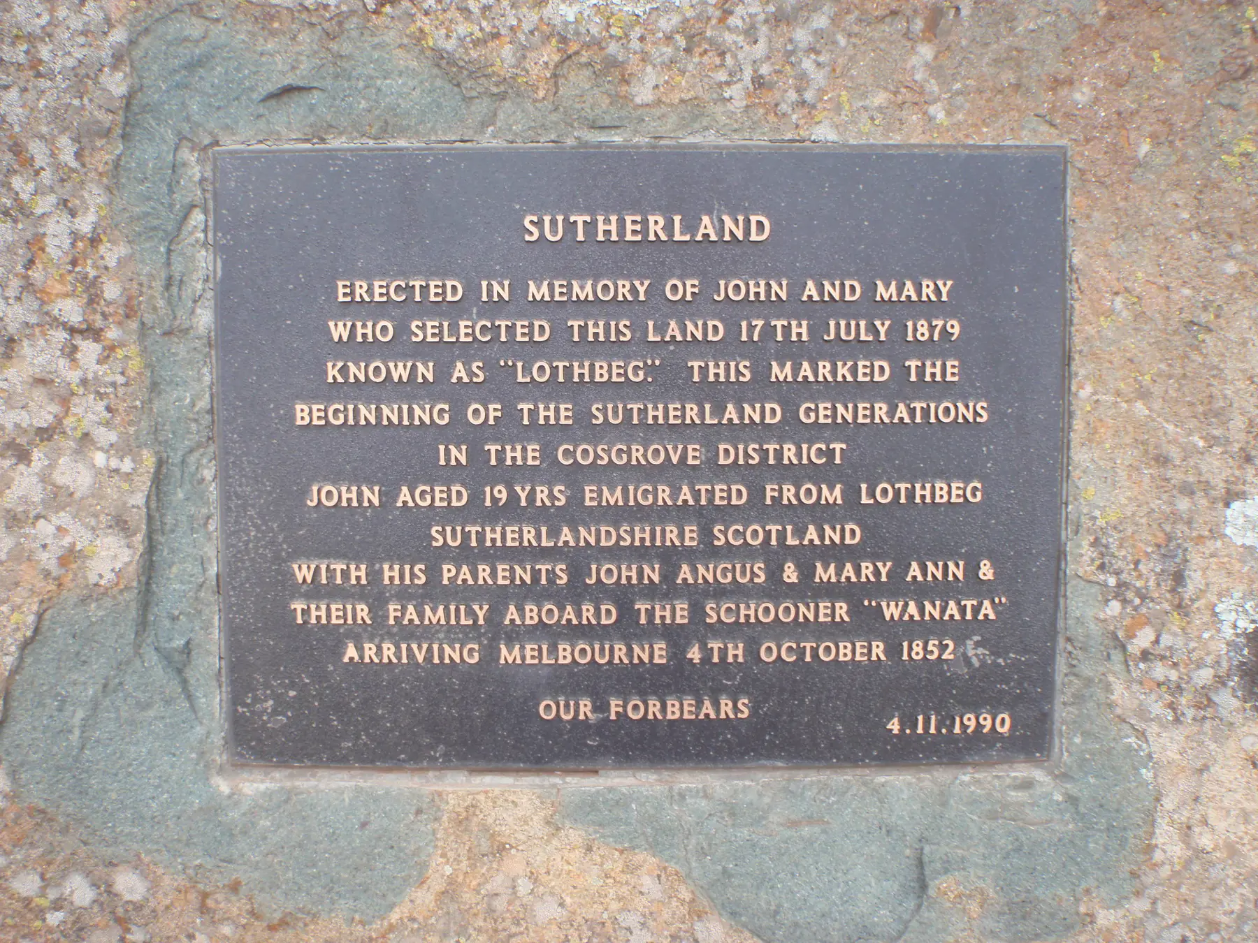 Memorial marking the Sutherland property