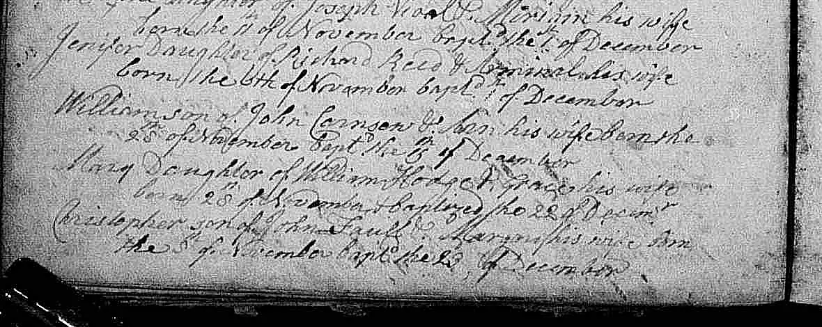 Original 1799 Crowan baptism entry for Christopher Faull naming John Faull and Margaret as his parents