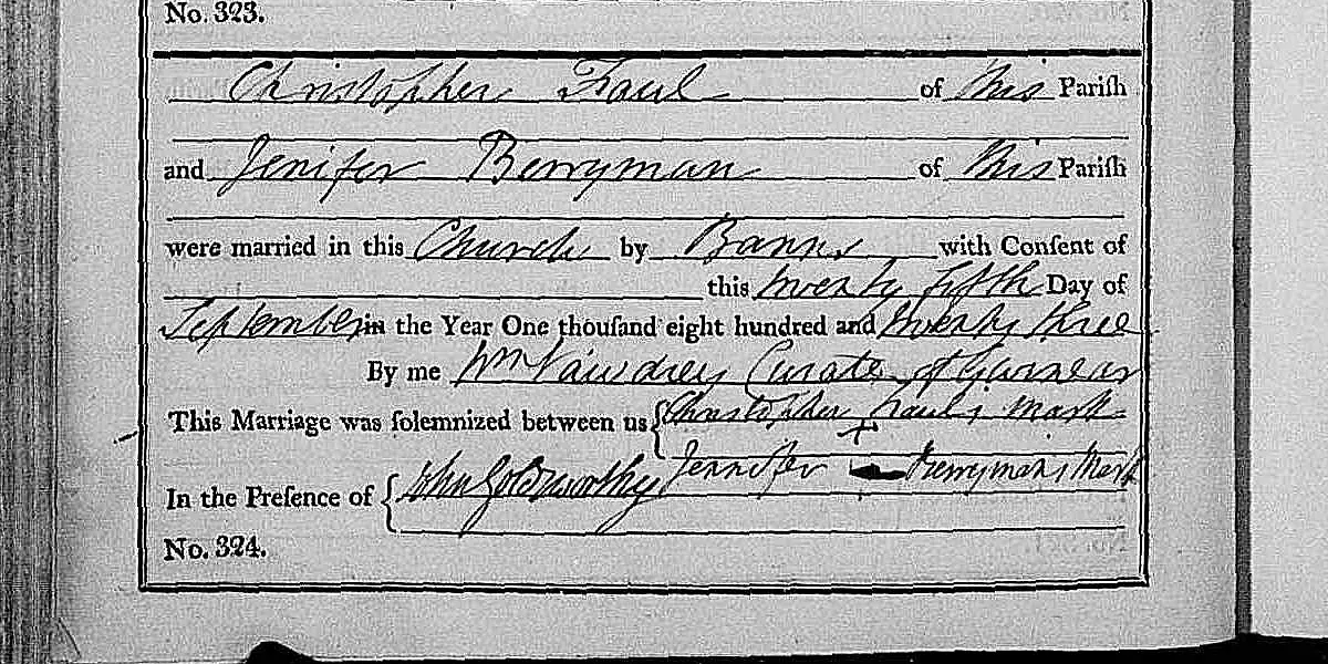 Original 1823 Crowan marriage entry for Christopher Faull and Jenifer Berryman