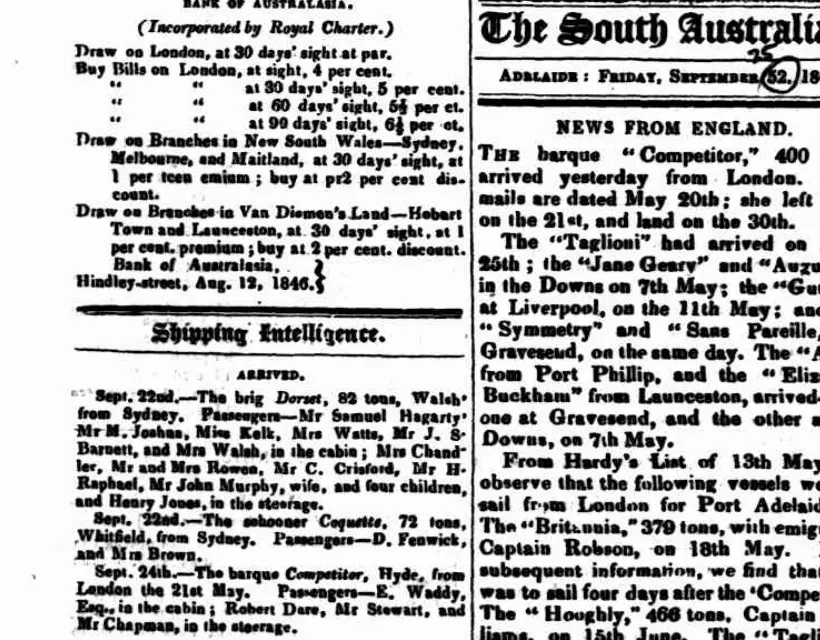 Scanned 1846 shipping report recording the Competitor's arrival with Edward Waddy in the cabin