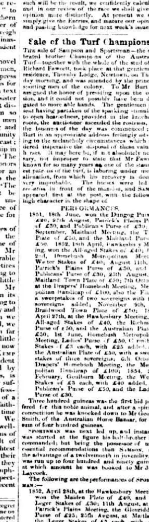 Scanned 1854 report of the sale of Richard Fawcett's champion horses at Newtown