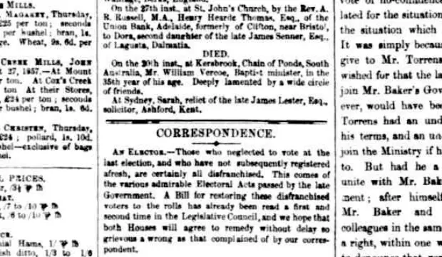 Scanned 1857 death notice for Baptist minister William Vercoe of Kersbrook