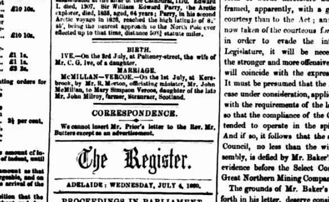 Scanned 1860 marriage notice for John McMillan and Mary Simpson Vercoe
