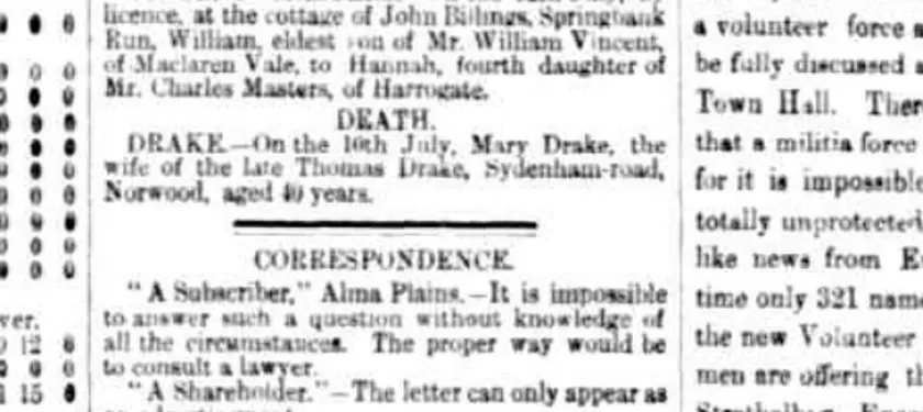 Scanned 1866 death notice for Mary Drake, wife of the late Thomas Drake of Norwood
