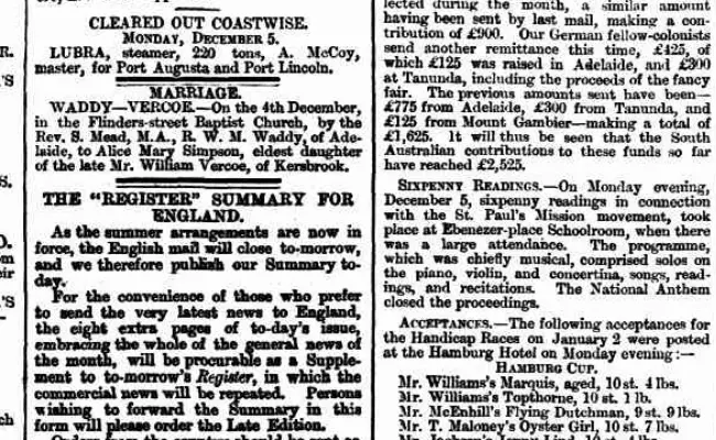 Scanned 1870 marriage notice for Richard Waddy and Alice Mary Simpson Vercoe