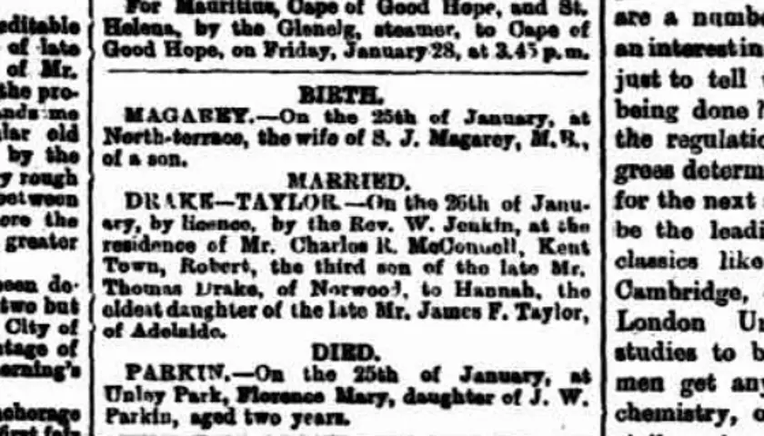 Scanned 1876 marriage notice for Robert Drake and Hannah Taylor
