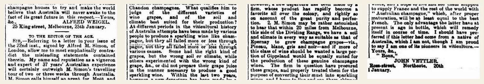 John Vettler's 1892 newspaper letter defending Australian champagne and describing himself as a pioneer in viticulture