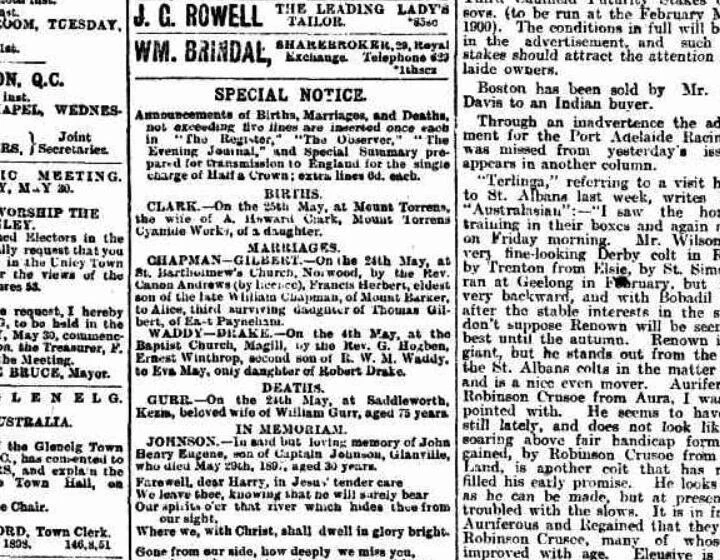 Scanned 1898 marriage notice for Ernest Winthrop Waddy and Eva May Drake