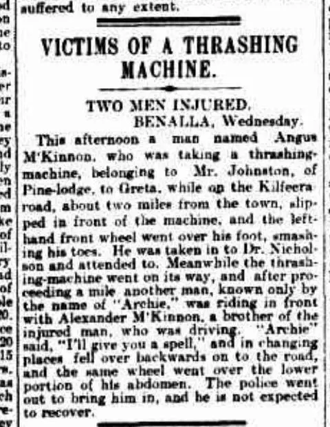 Scanned 1903 Argus report of Angus and Alexander M'Kinnon and a threshing-machine accident near Benalla