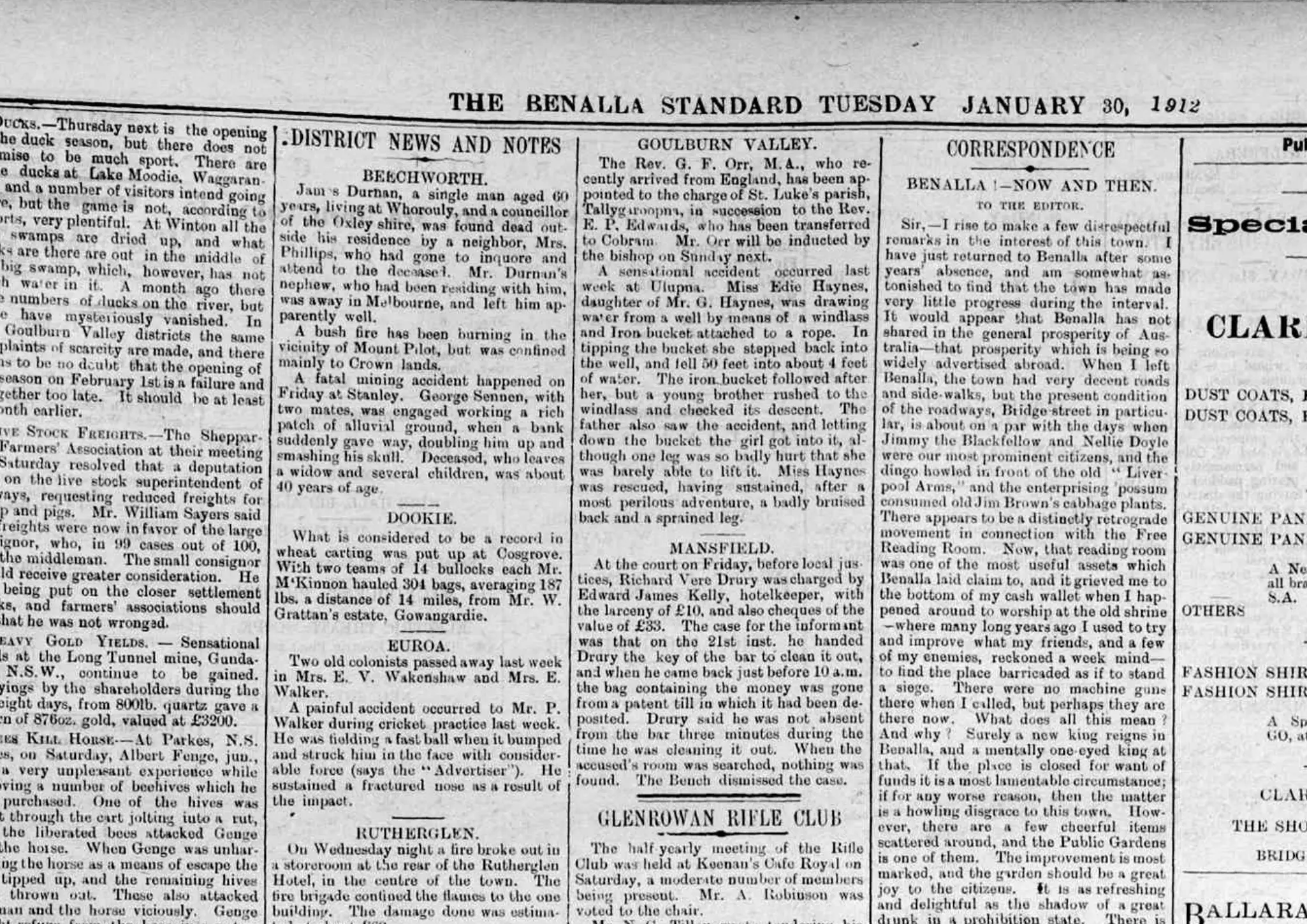 Scanned 1912 Benalla Standard report of a McKinnon bullock team hauling wheat from Gowangardie
