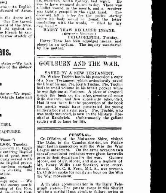 Scanned 1917 report that a New Testament stopped shrapnel striking Private Keith Tuchin at Pozieres