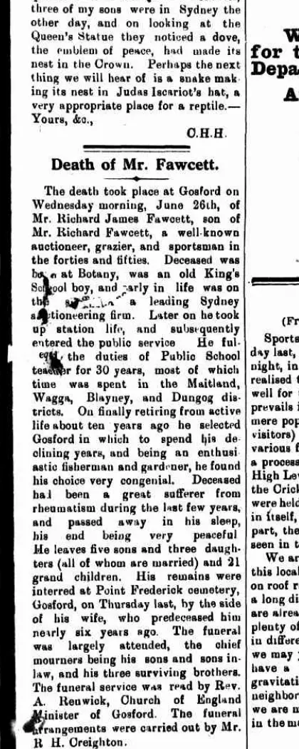 Scanned 1918 obituary of teacher Richard James Fawcett