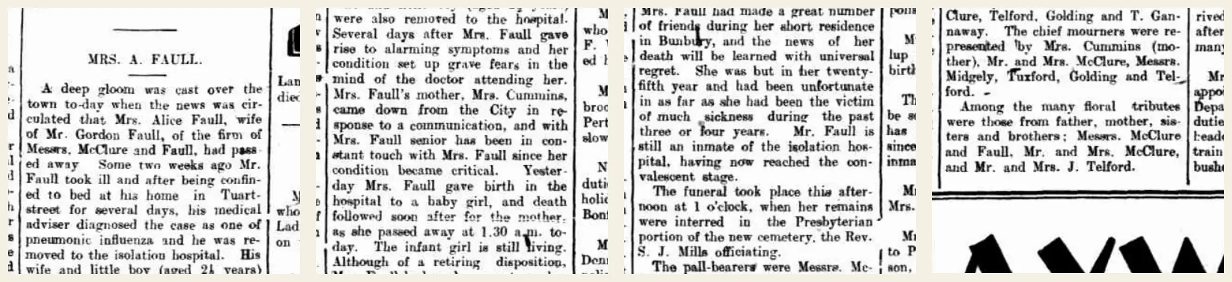 Scanned 1919 newspaper account of Alice Faull's illness, childbirth and death during the pneumonic influenza epidemic