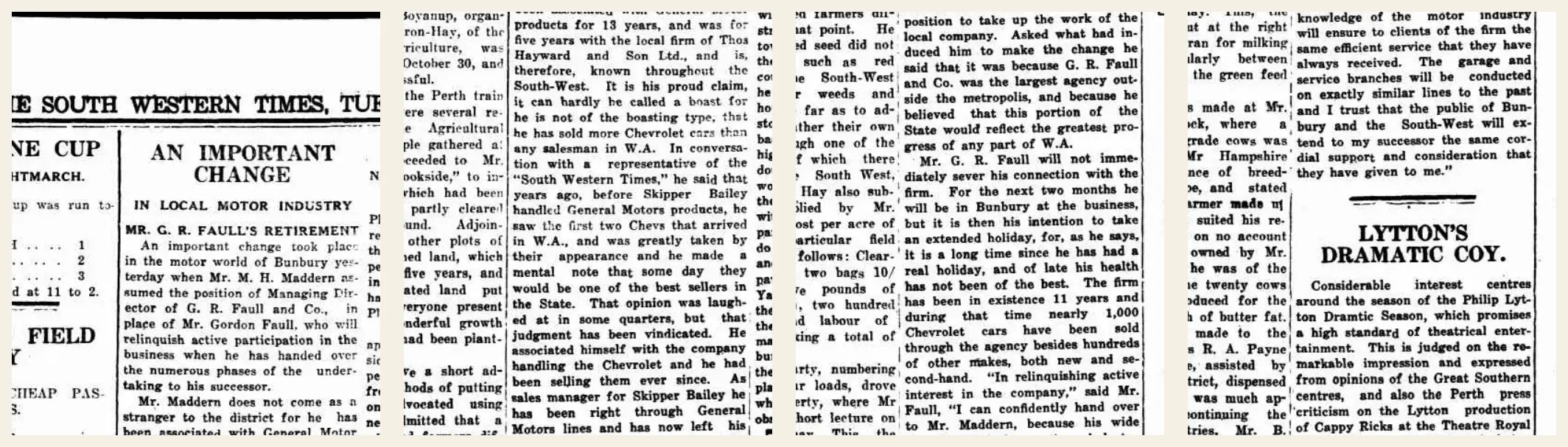 Scanned 1929 report on Gordon Faull retiring from active management of his Bunbury motor company