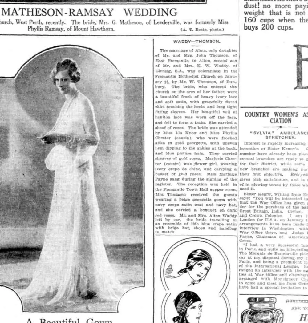 Scanned 1930 Sunday Times marriage report and photograph of Alton Francis Drake Waddy and Alma Thomson
