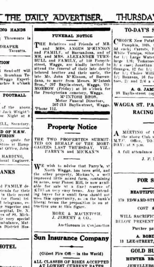 Scanned 1932 funeral notice for John McKinnon naming the Burrandana family