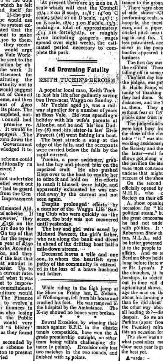 Scanned 1932 account of Keith Tuchin saving Dudley and Elsie Fawcett before drowning