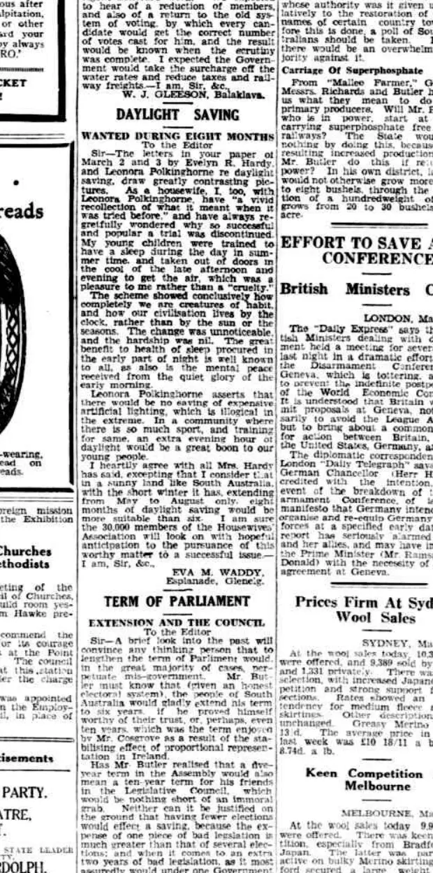 Scanned 1933 letter by Eva Waddy advocating 8 months of daylight saving in South Australia