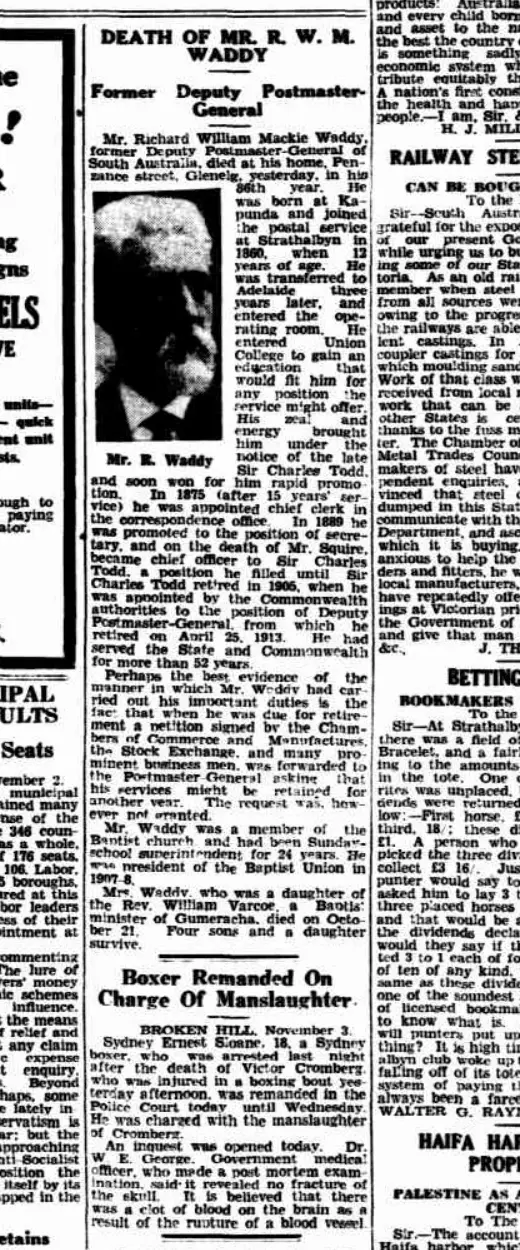 Illustrated 1933 obituary of former South Australian Deputy Postmaster-General Richard Waddy