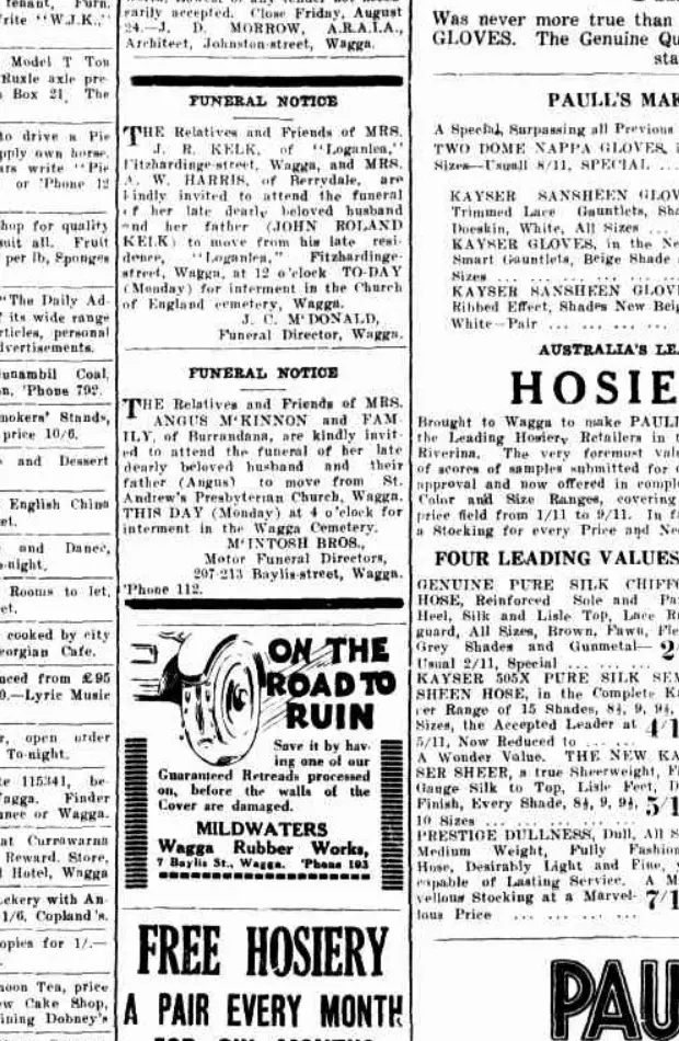 Scanned 1934 funeral notice for Angus McKinnon of Burrandana