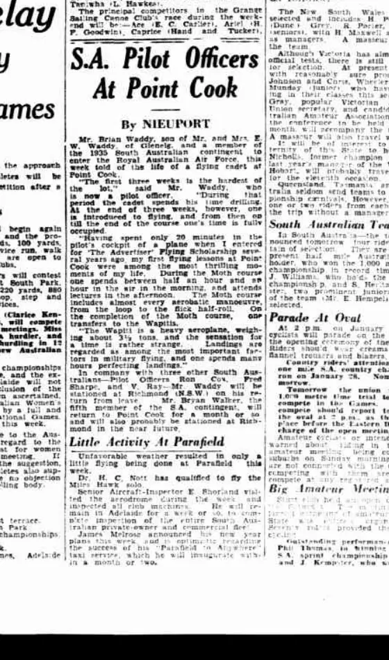 Scanned 1936 interview with RAAF pilot officer Brian Waddy about training at Point Cook