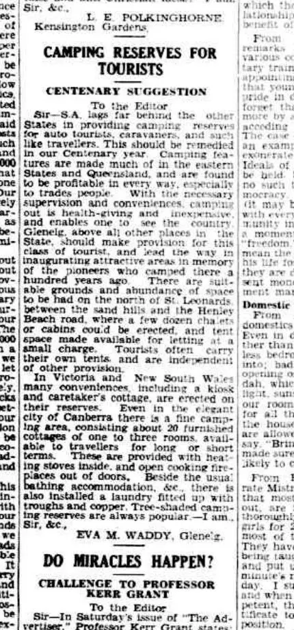 Scanned 1936 letter by Eva Waddy proposing supervised camping reserves for motor tourists