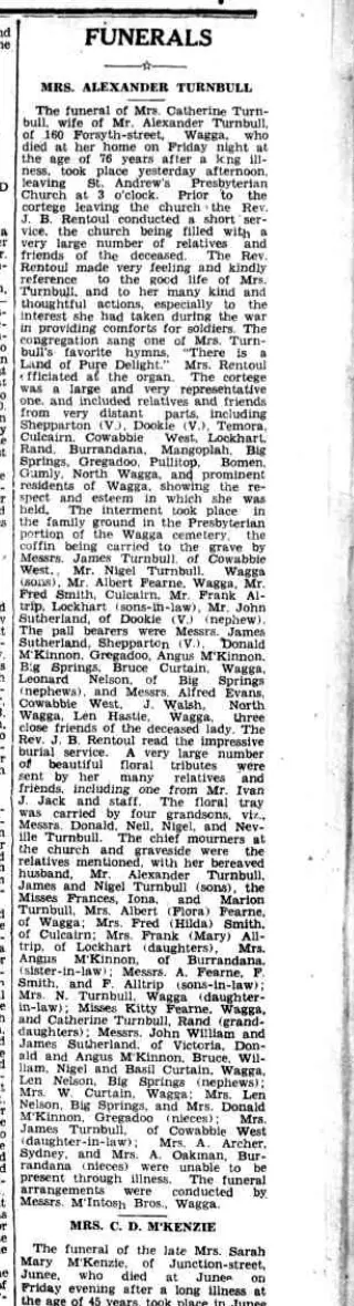 Scanned 1937 account of Catherine Turnbull's funeral naming McKinnon, Turnbull and Sutherland relatives