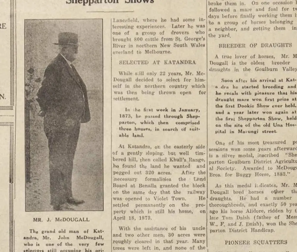 Portrait of John McDougall in a 1938 newspaper profile of Katandra's long-standing pioneer