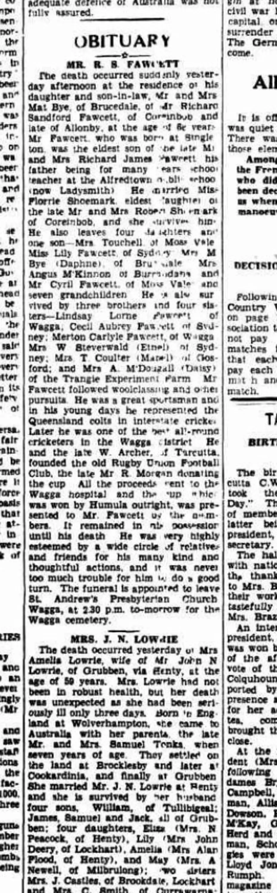 Scanned 1939 obituary of wool classer and sportsman Richard Sandford Fawcett