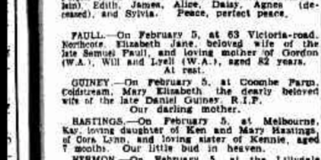Scanned 1941 death notice for Elizabeth Jane Faull of Northcote
