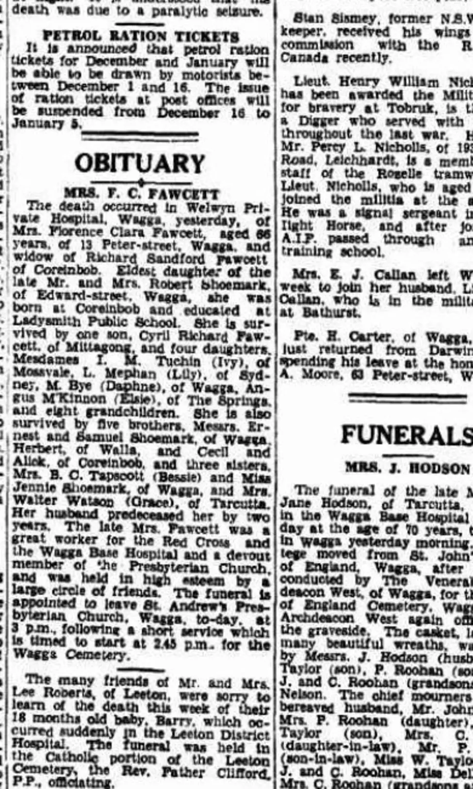 Scanned 1941 obituary of Florence Clara Fawcett