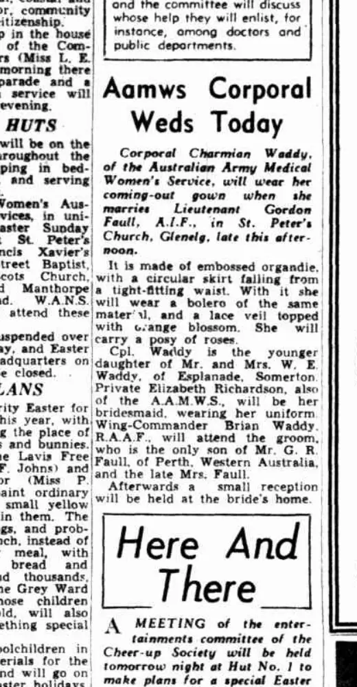 Scanned 1943 newspaper report of the wedding of AAMWS Corporal Charmian Waddy and AIF Lieutenant Gordon Faull