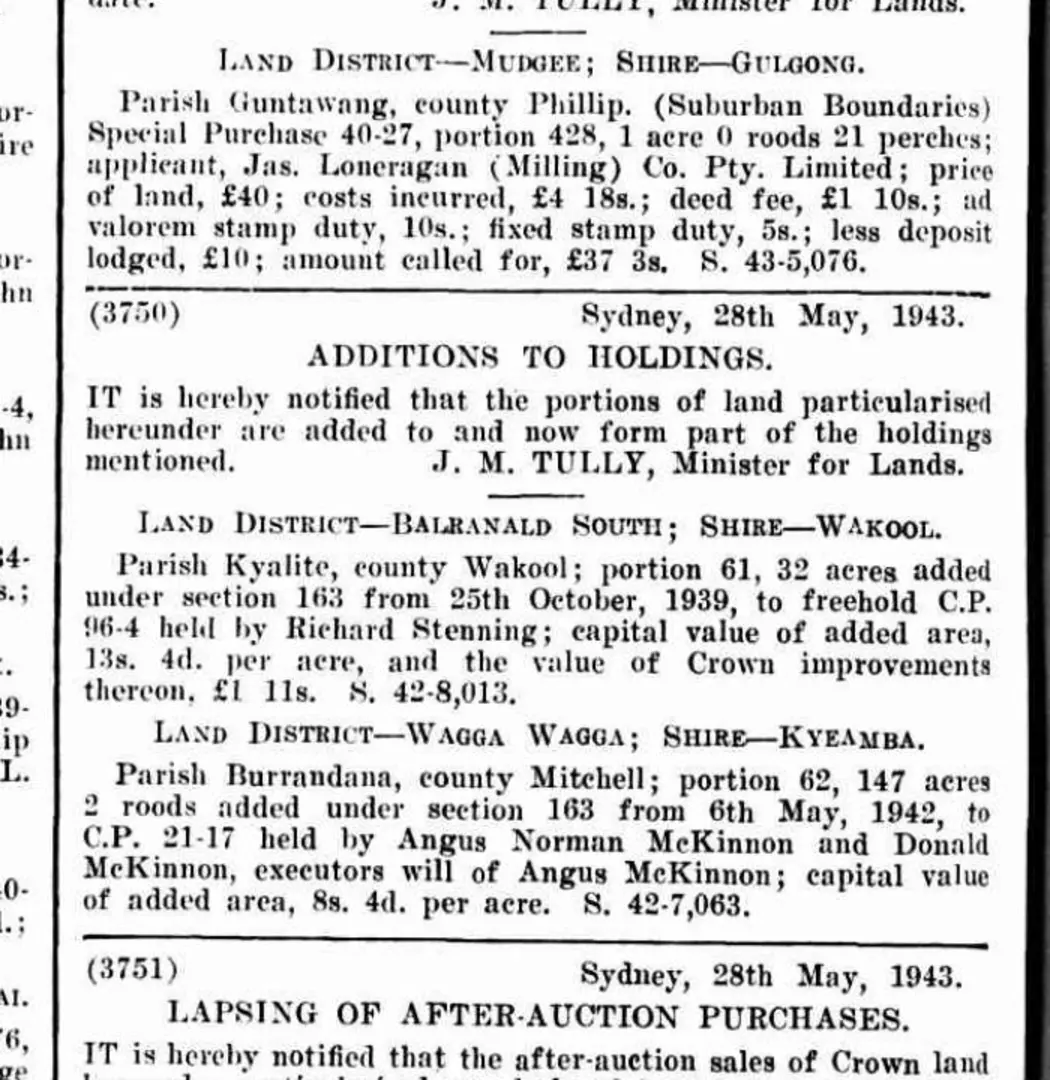 New South Wales Government Gazette entry adding land to the Burrandana holding of Angus Norman and Donald McKinnon