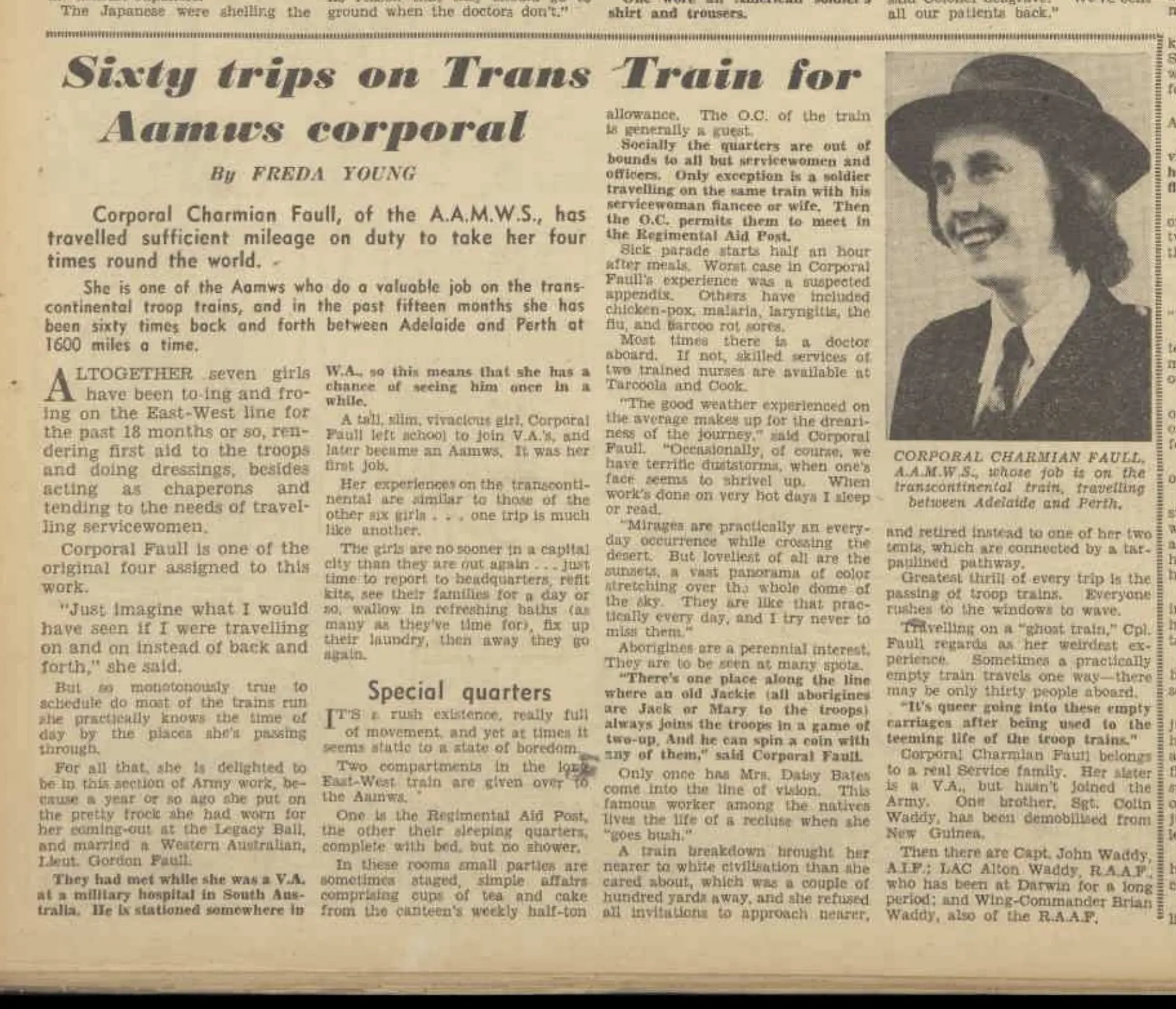 Australian Women's Weekly feature about Corporal Charmian Faull's 60 journeys aboard Adelaide to Perth troop trains