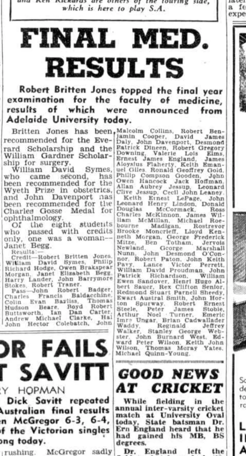 Scanned 1951 University of Adelaide medical examination results naming Brian Cadwallader Waddy