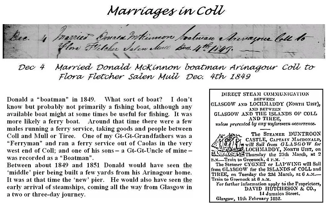 Annotated 1849 marriage record for Donald McKinnon of Arinagour and Flora Fletcher of Salen