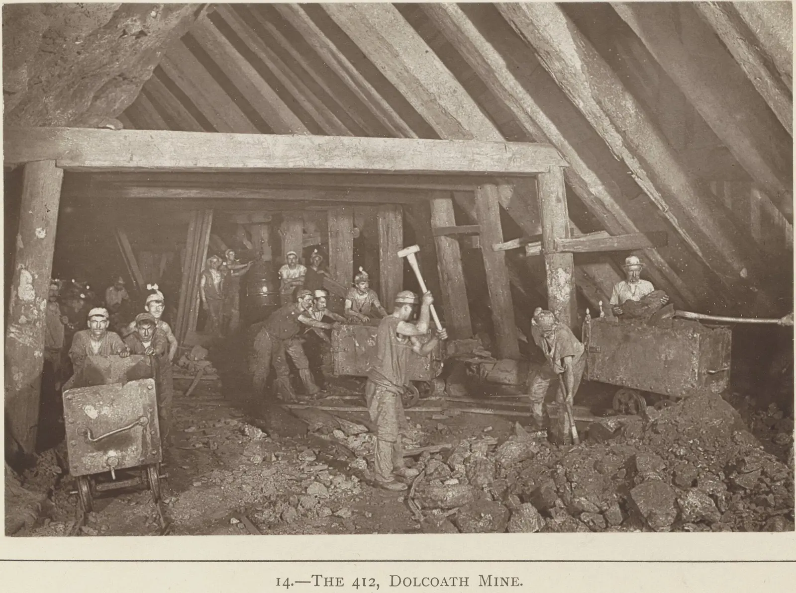 Historic photograph of miners underground at Dolcoath Mine around 1893