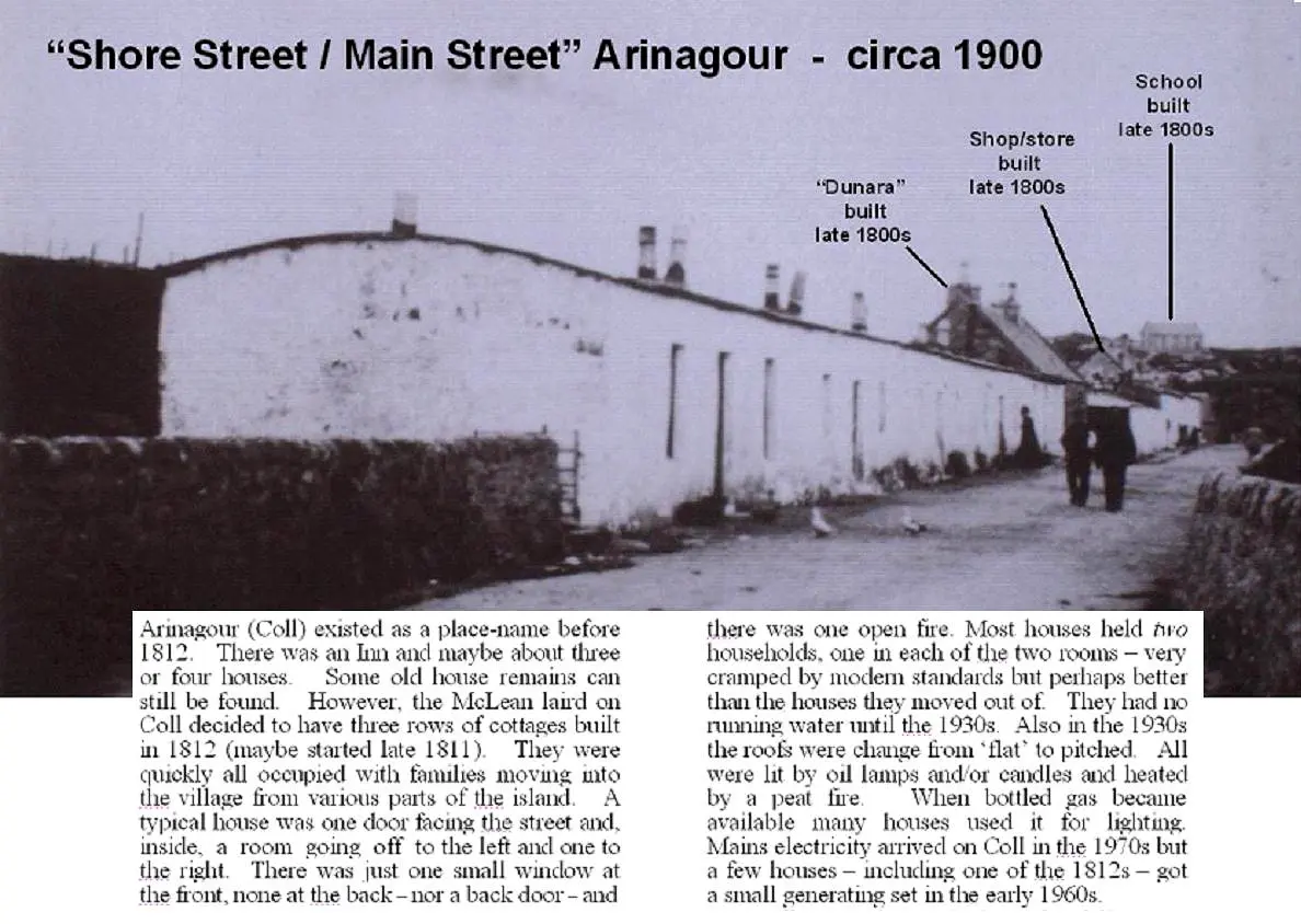 Annotated historic photograph of Shore Street in Arinagour around 1900