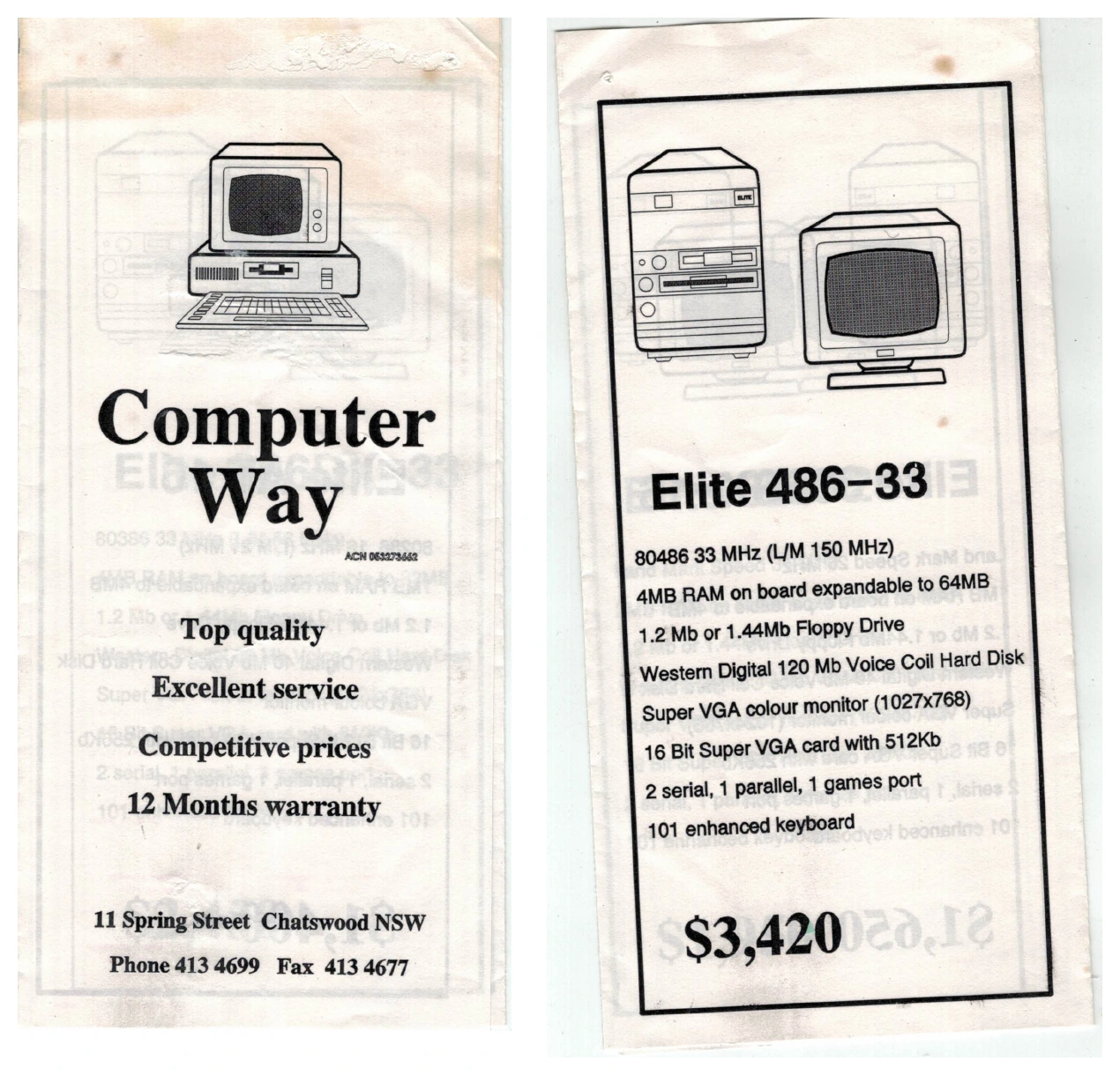 Computer Way brochure cover and Elite 486-33 advertisement side by side