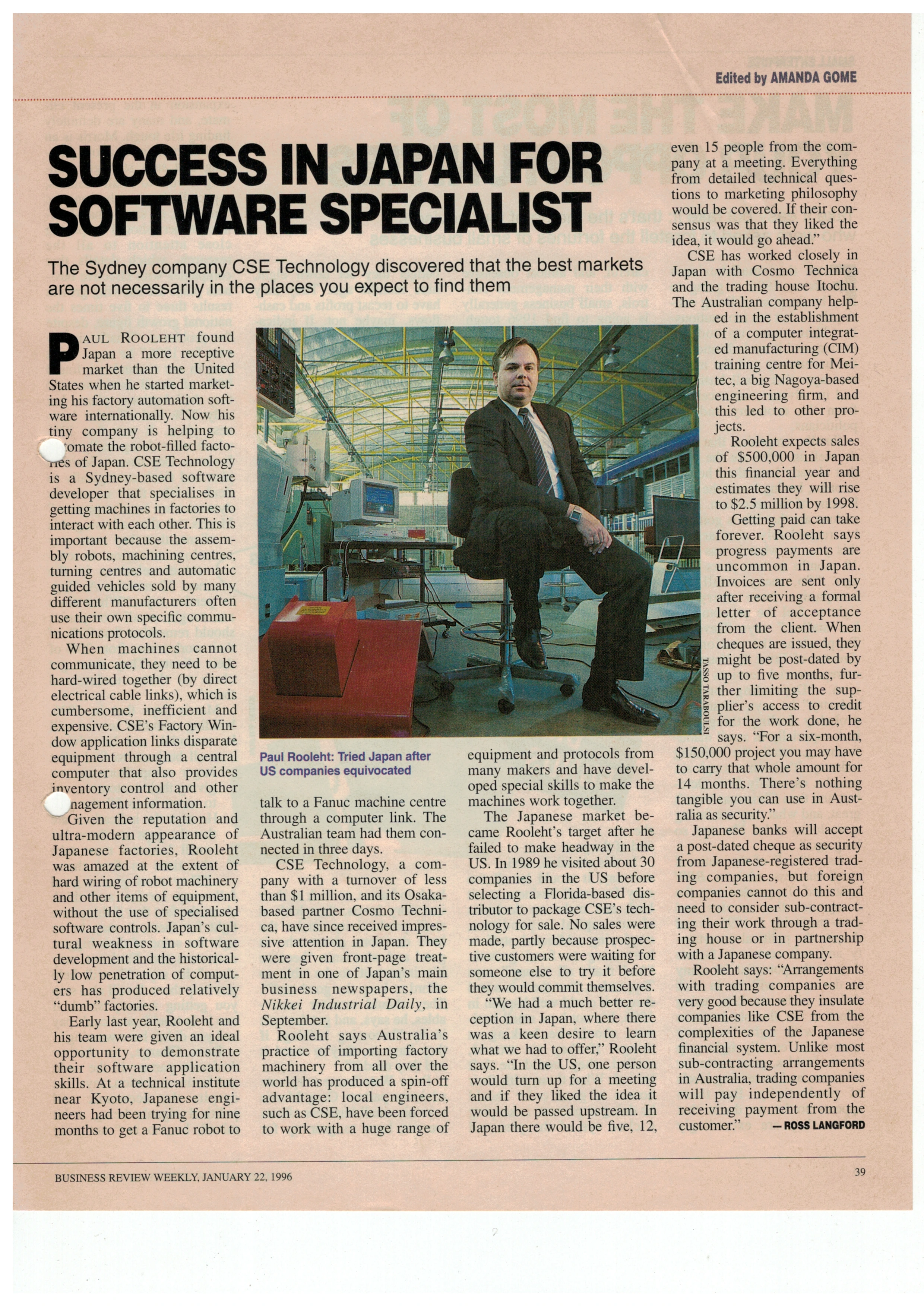 Business Review Weekly article about CSE Technology’s success in Japan, with a photograph of Paul Rooleht