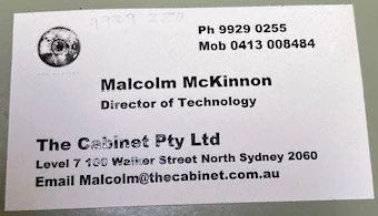 Malcolm McKinnon's business card as Director of Technology at The Cabinet Pty Ltd